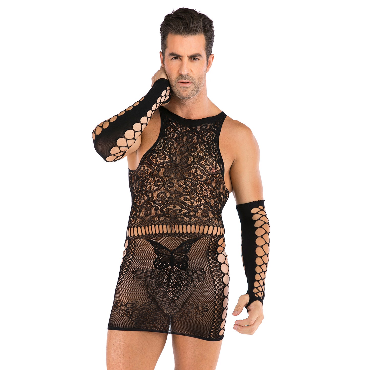 Robe en filet sexy une pièce pour hommes, grande taille, bas, body sexy