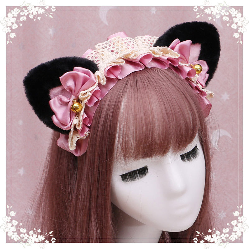 Lolita hair ornament Plush cat ear Lolita headdress lace Ribbon Headband