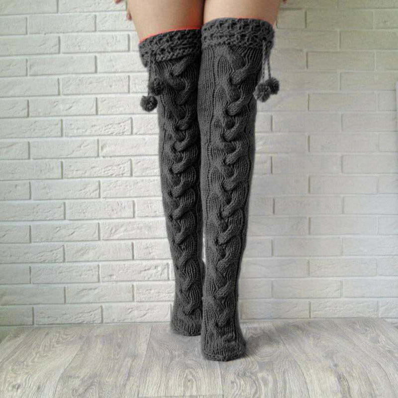 Knitted socks with hair ball over the knee