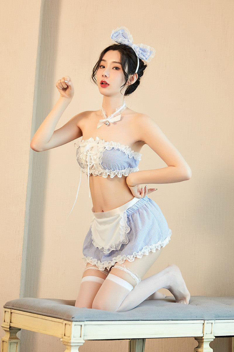 Sexy Lingerie Female Sexy Blue Grid Maid Maid Uniform Temptation