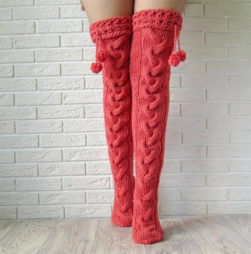 Knitted socks with hair ball over the knee