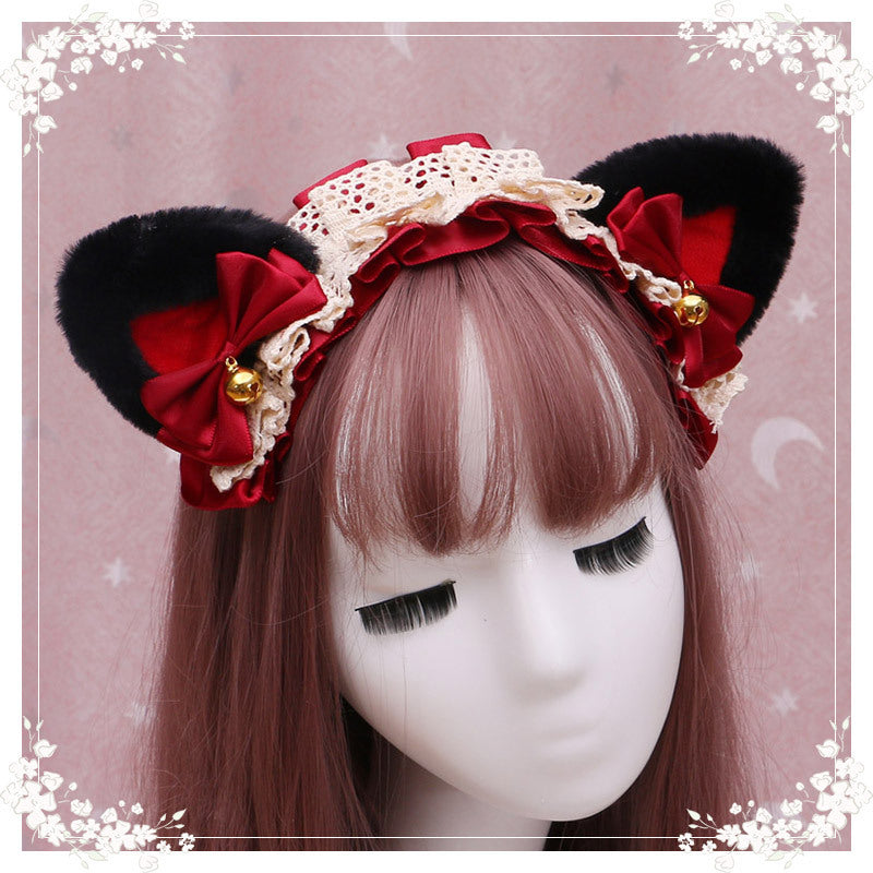 Lolita hair ornament Plush cat ear Lolita headdress lace Ribbon Headband