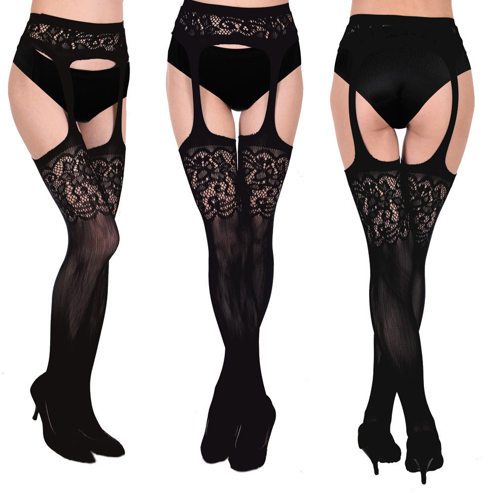 Sexy Black Stockings Mesh Jacquard Garter Belt All-in-one Pantyhose