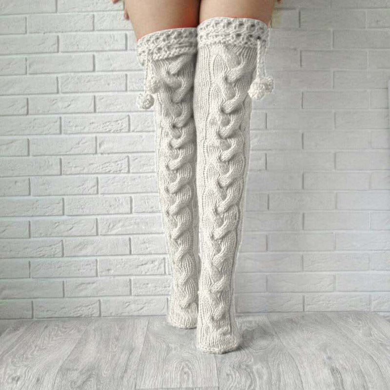 Knitted socks with hair ball over the knee