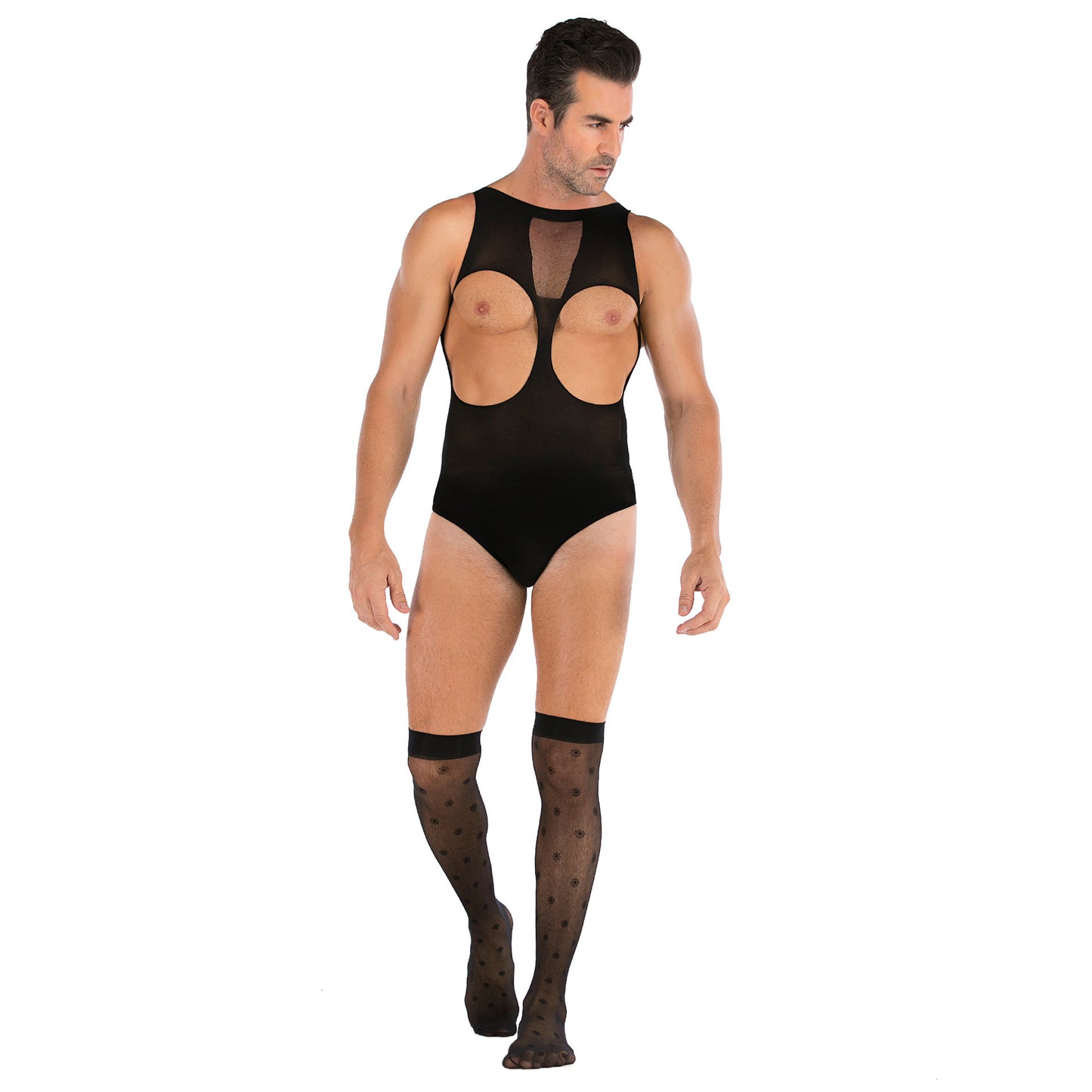 Robe en filet sexy une pièce pour hommes, grande taille, bas, body sexy