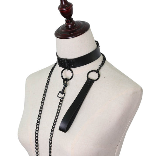 Dark Personality Leather Necklace Chain Leash Black Studs