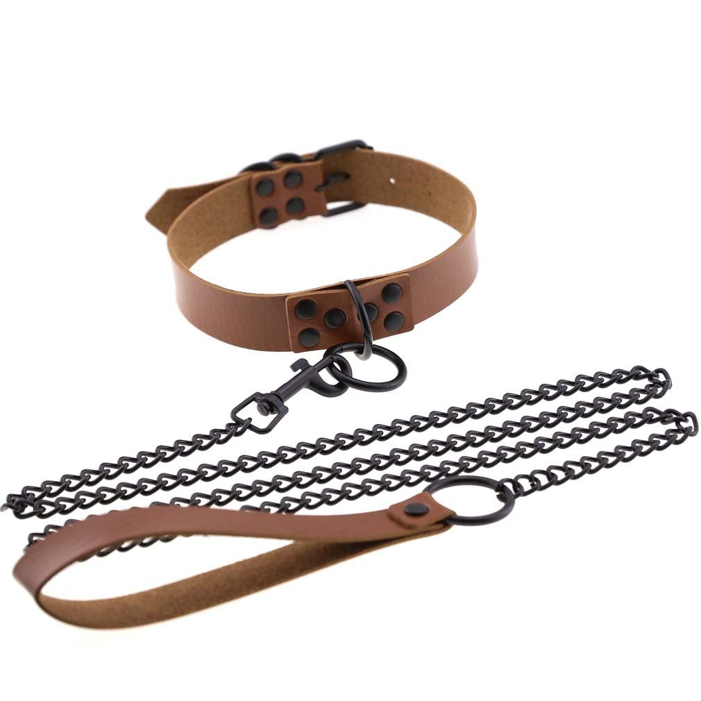 Dark Personality Leather Necklace Chain Leash Black Studs