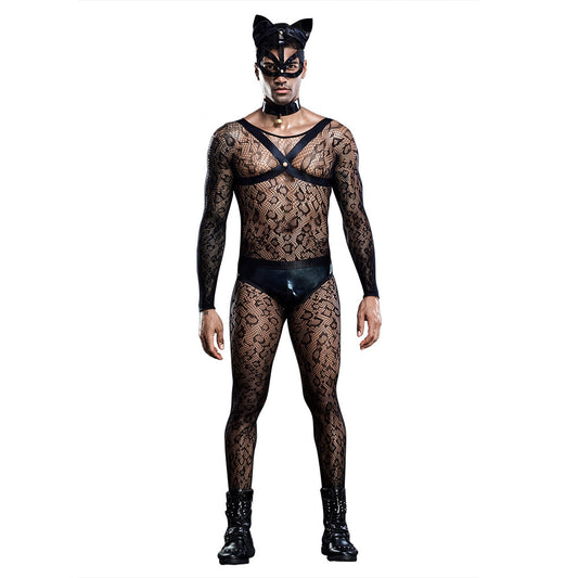 Uniforme sexy pour chat masculin, filet transparent une pièce sexy