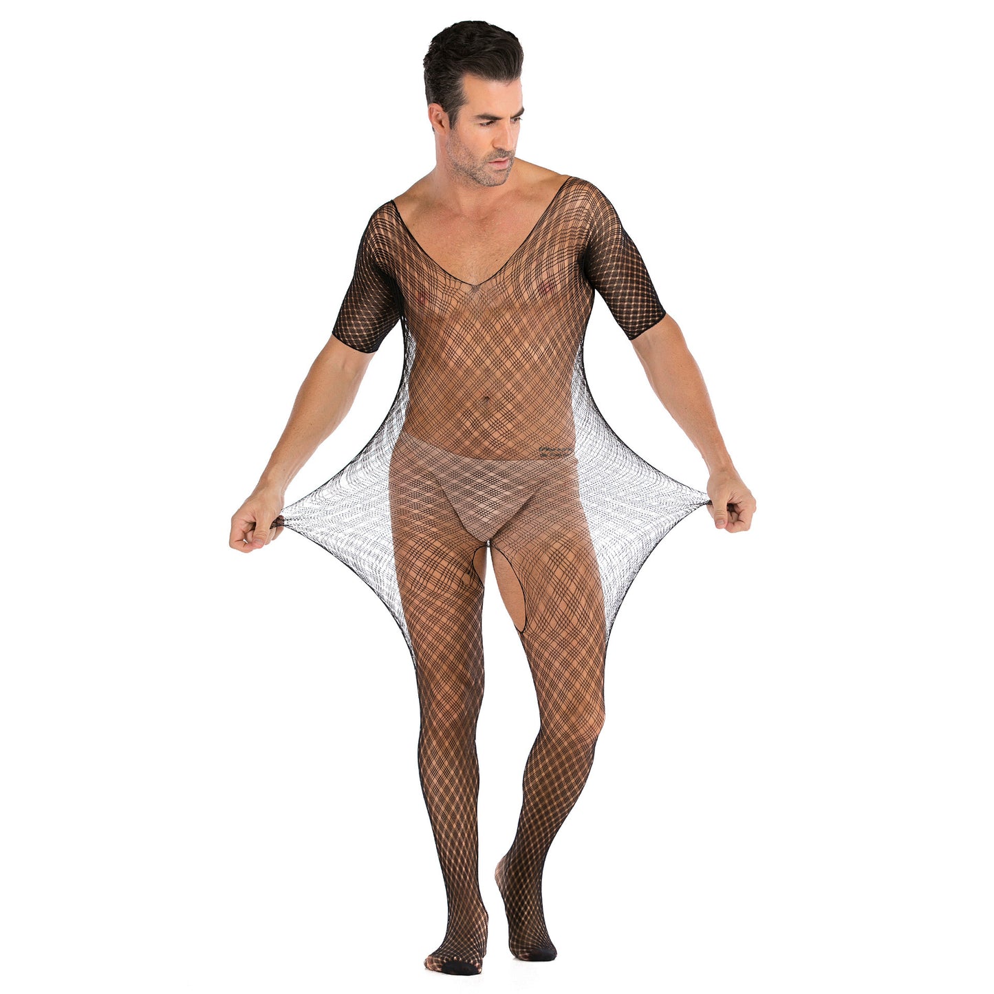 Robe en filet sexy une pièce pour hommes, grande taille, bas, body sexy