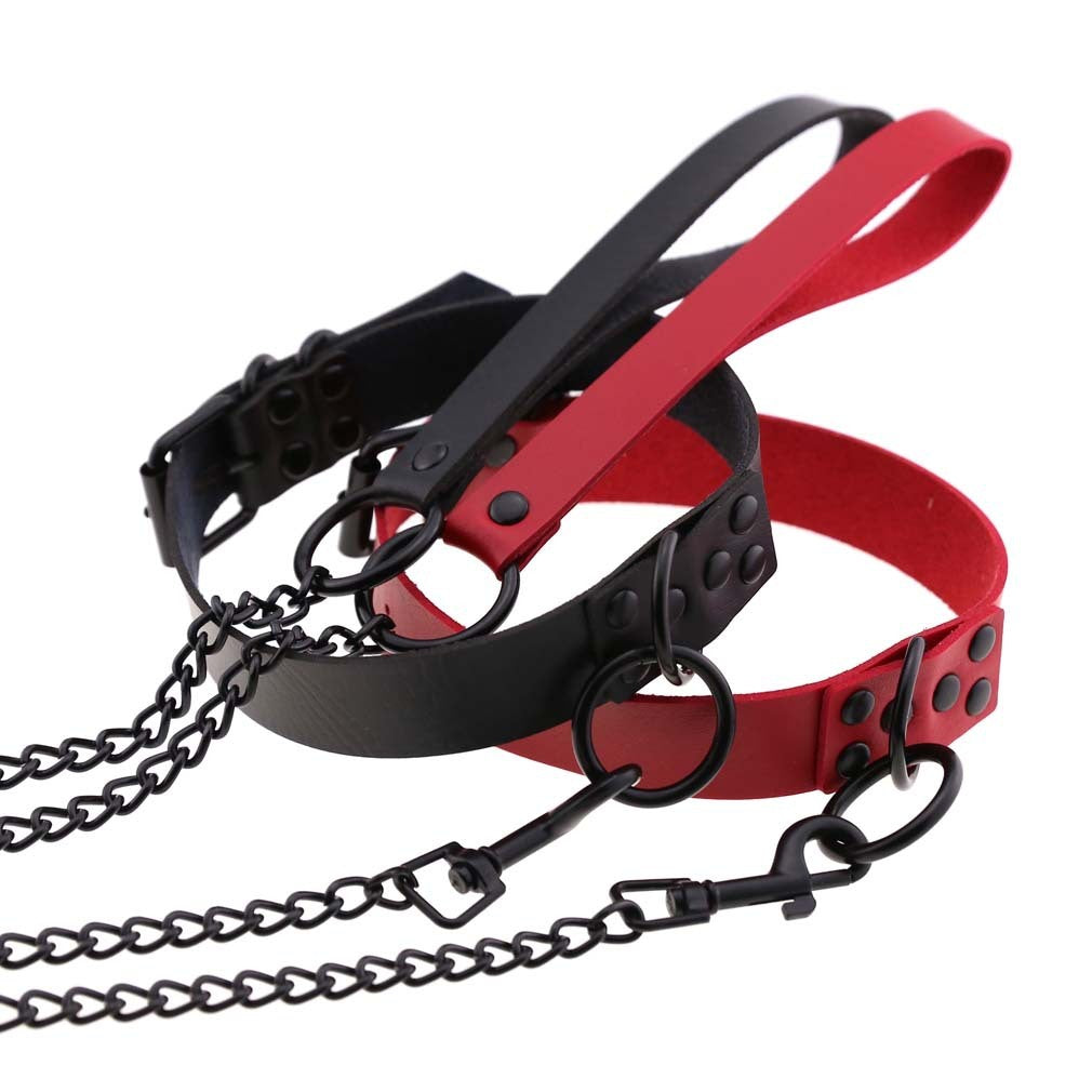 Dark Personality Leather Necklace Chain Leash Black Studs