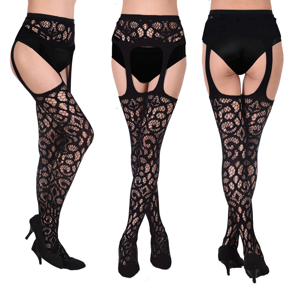 Sexy Black Stockings Mesh Jacquard Garter Belt All-in-one Pantyhose