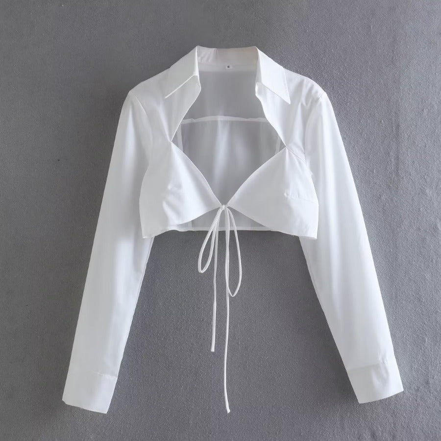 Hot Girl Cardigan Lace-up Turn-down Collar Slim Fit Short Corset Women's Shirt Top