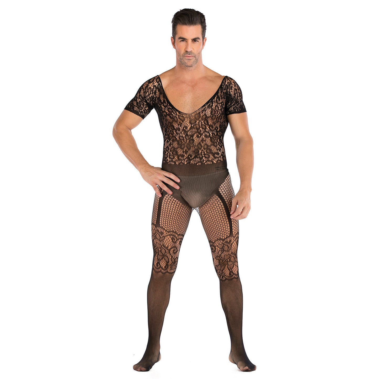 Robe en filet sexy une pièce pour hommes, grande taille, bas, body sexy