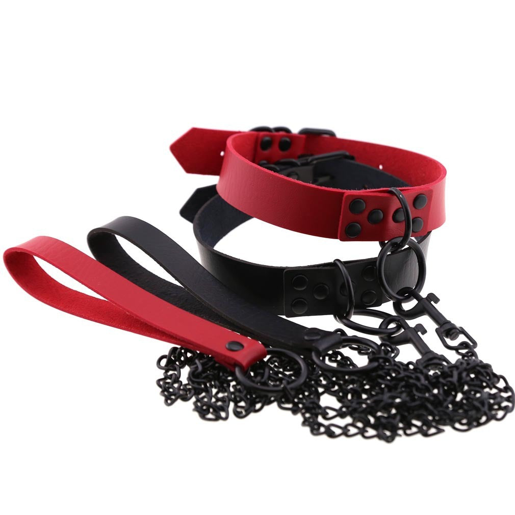 Dark Personality Leather Necklace Chain Leash Black Studs