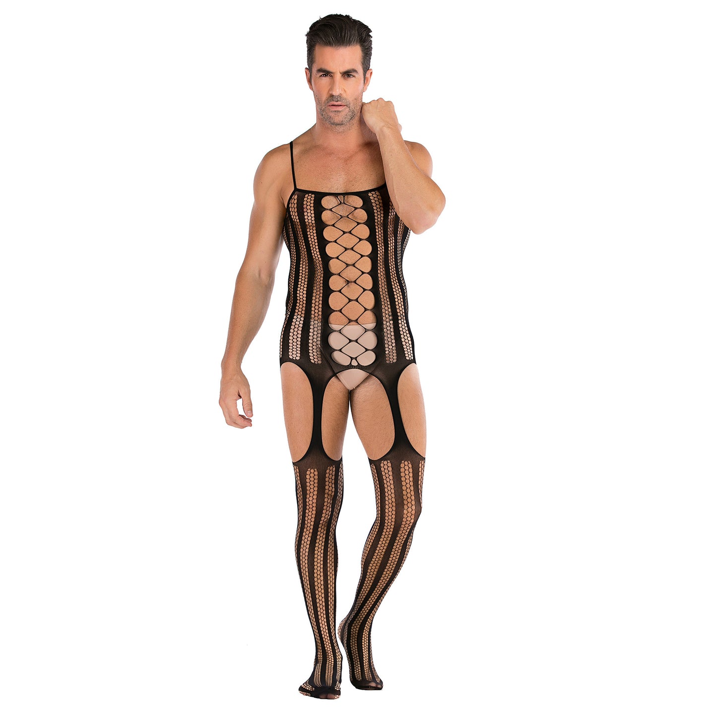 Robe en filet sexy une pièce pour hommes, grande taille, bas, body sexy