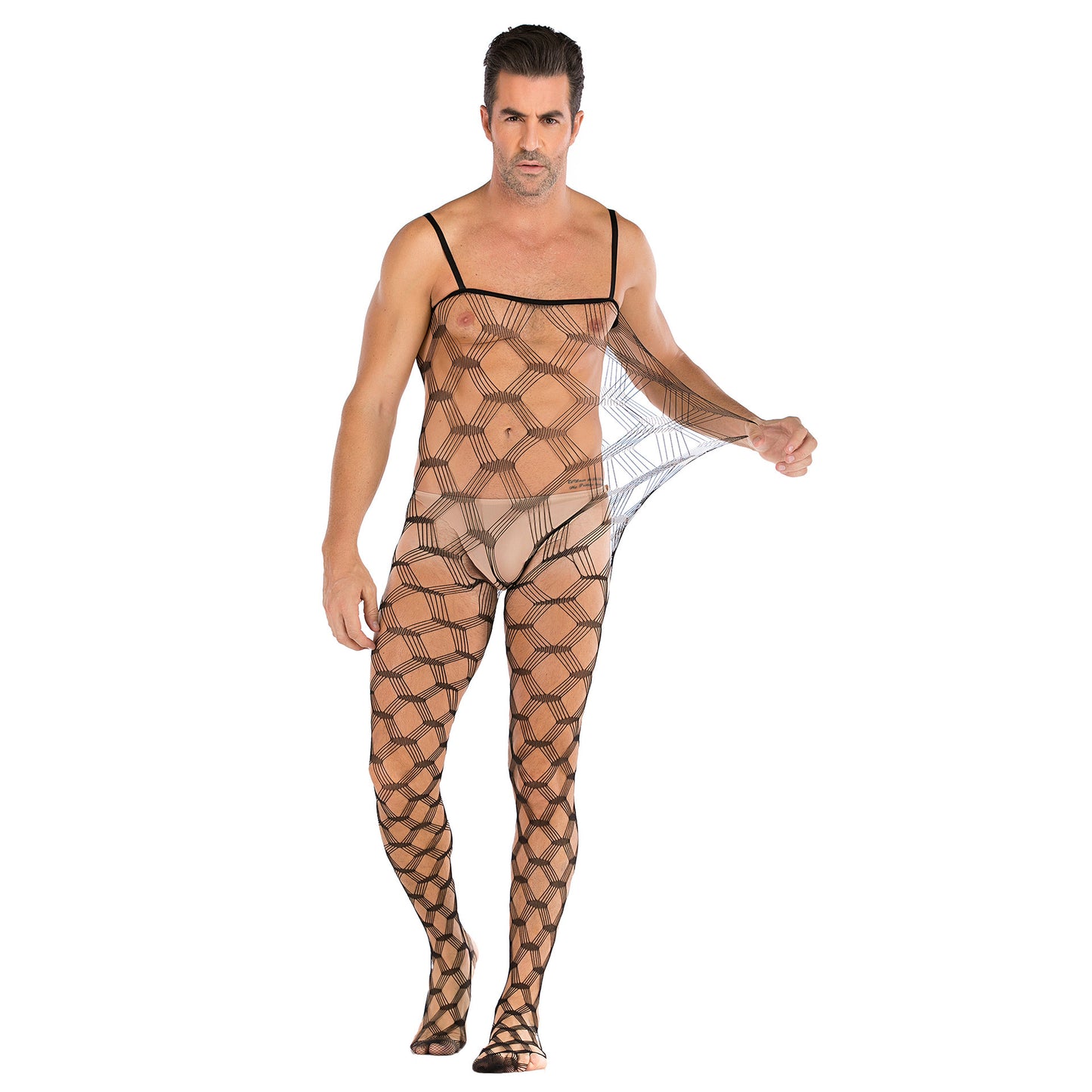 Robe en filet sexy une pièce pour hommes, grande taille, bas, body sexy