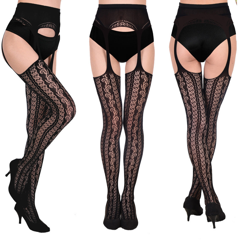 Sexy Black Stockings Mesh Jacquard Garter Belt All-in-one Pantyhose