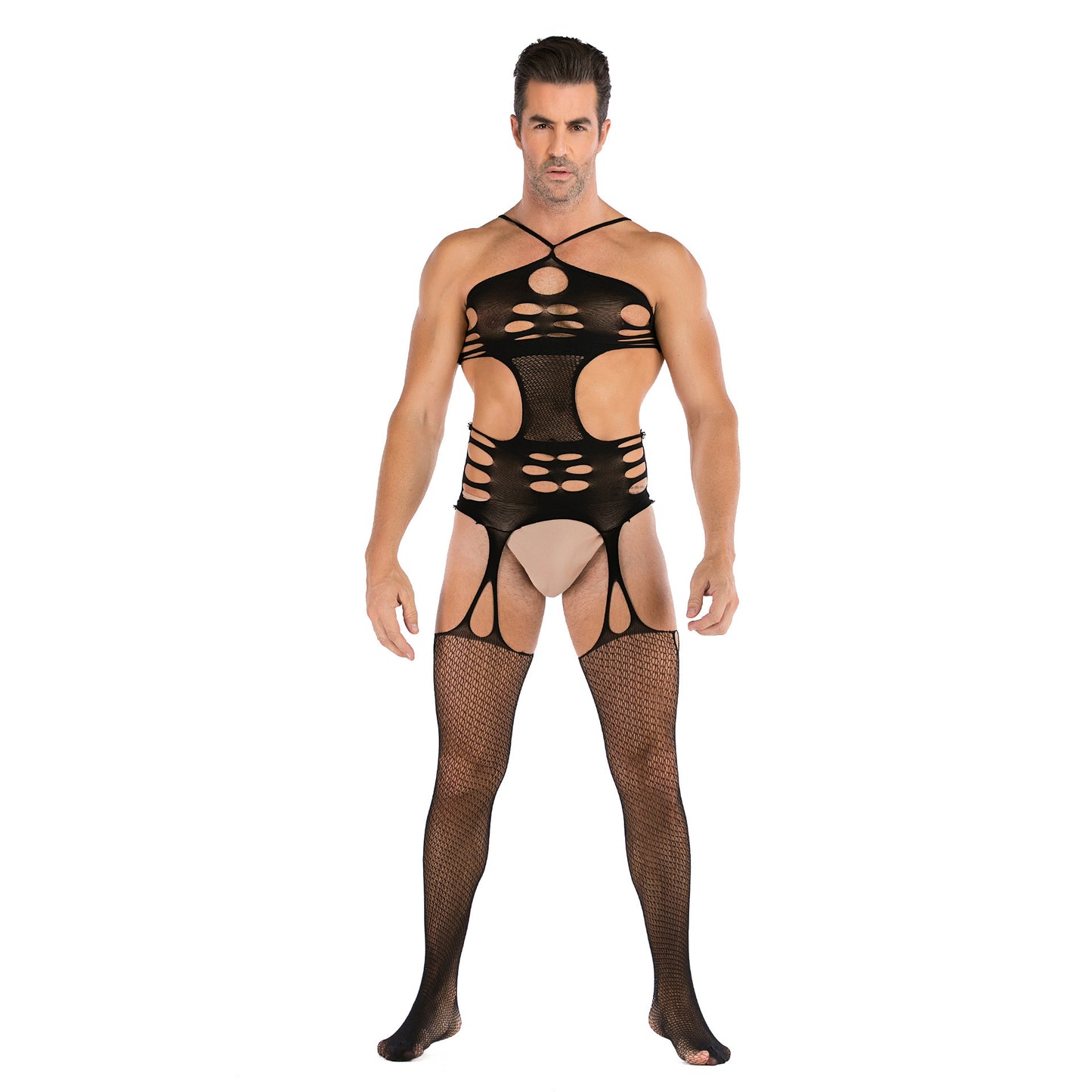 Robe en filet sexy une pièce pour hommes, grande taille, bas, body sexy