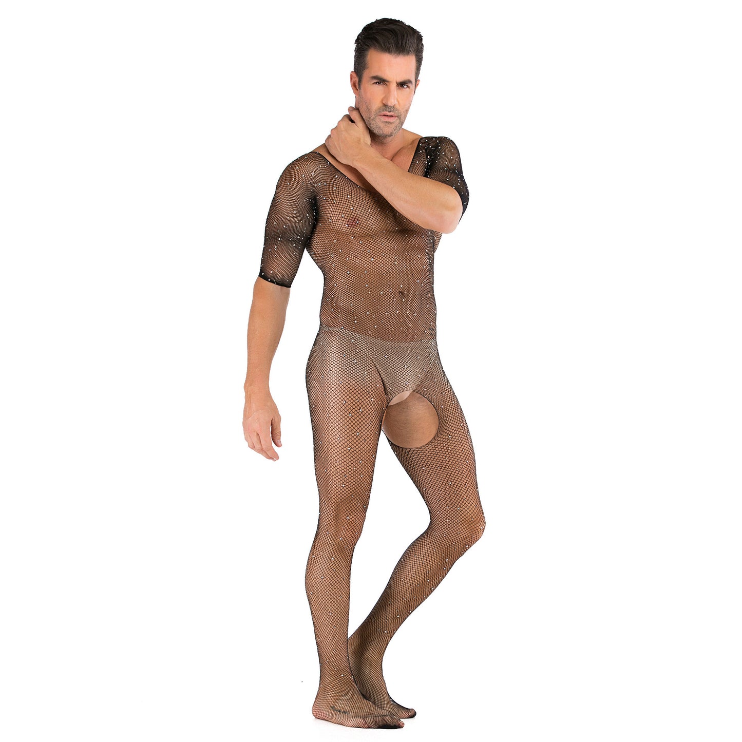 Mens Shiny Full Body Mesh Underwear With Diamonds